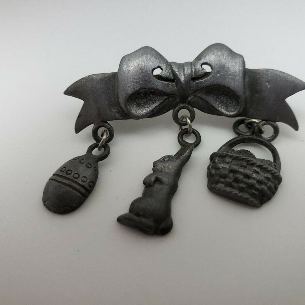 Bow with Bunny Rabbit Egg Basket Charm Brooch Pin